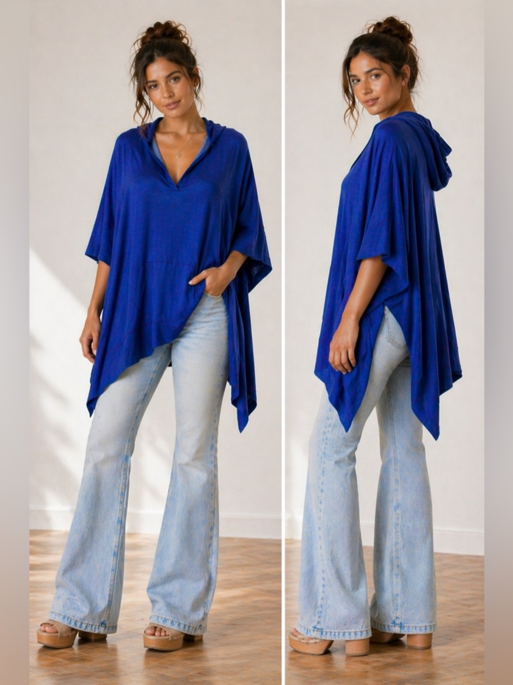 INC Blue Hooded Poncho Top Lightweight Oversized Size S/M